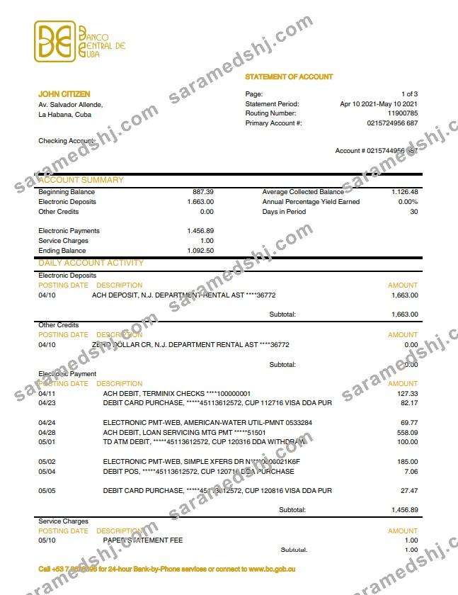 Cuba Banco Central de Cuba bank statement